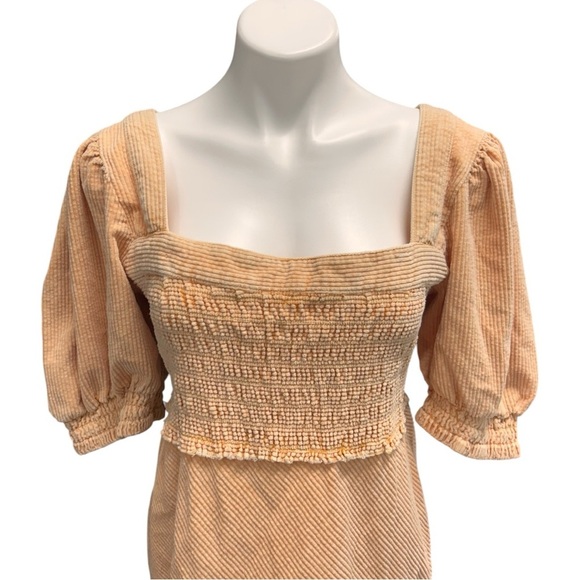 Free People Moon Flower Mini Dress Corduroy Pale Yellow Orange Puff Sleeve - Picture 6 of 13